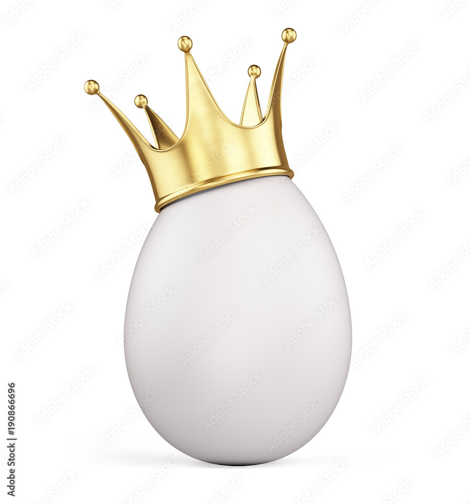 Egg with gold crown isolated on white. 3d rendering