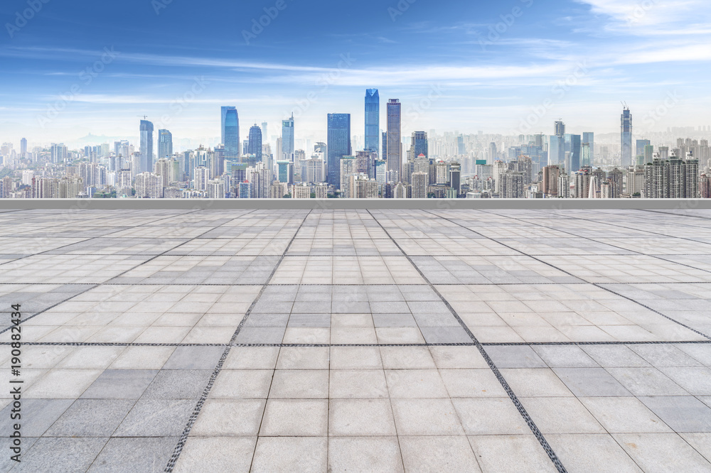 Road ground and Chongqing urban architectural landscape skyline