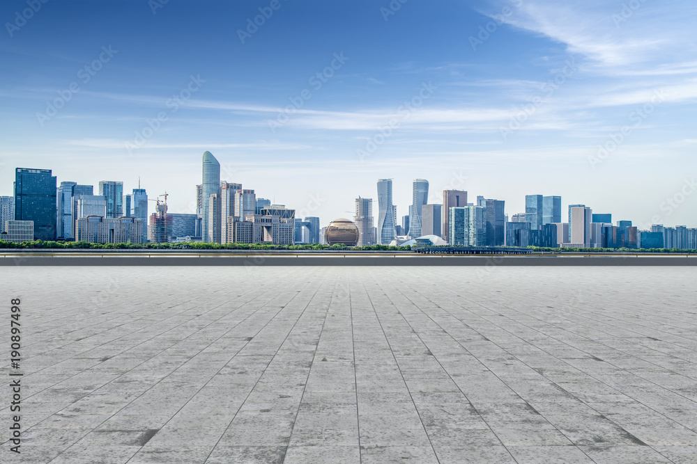 杭州城市建筑景观天际线和道路地面