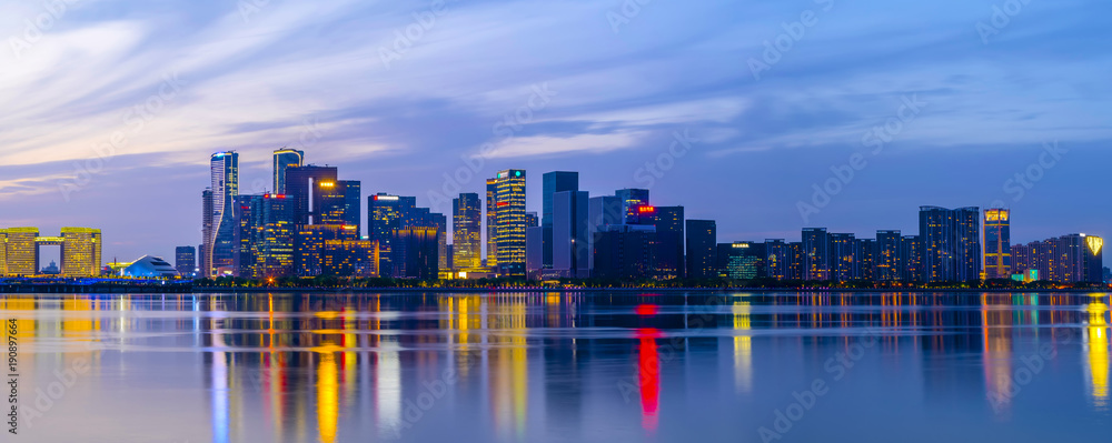 杭州城市夜景与建筑景观天际线