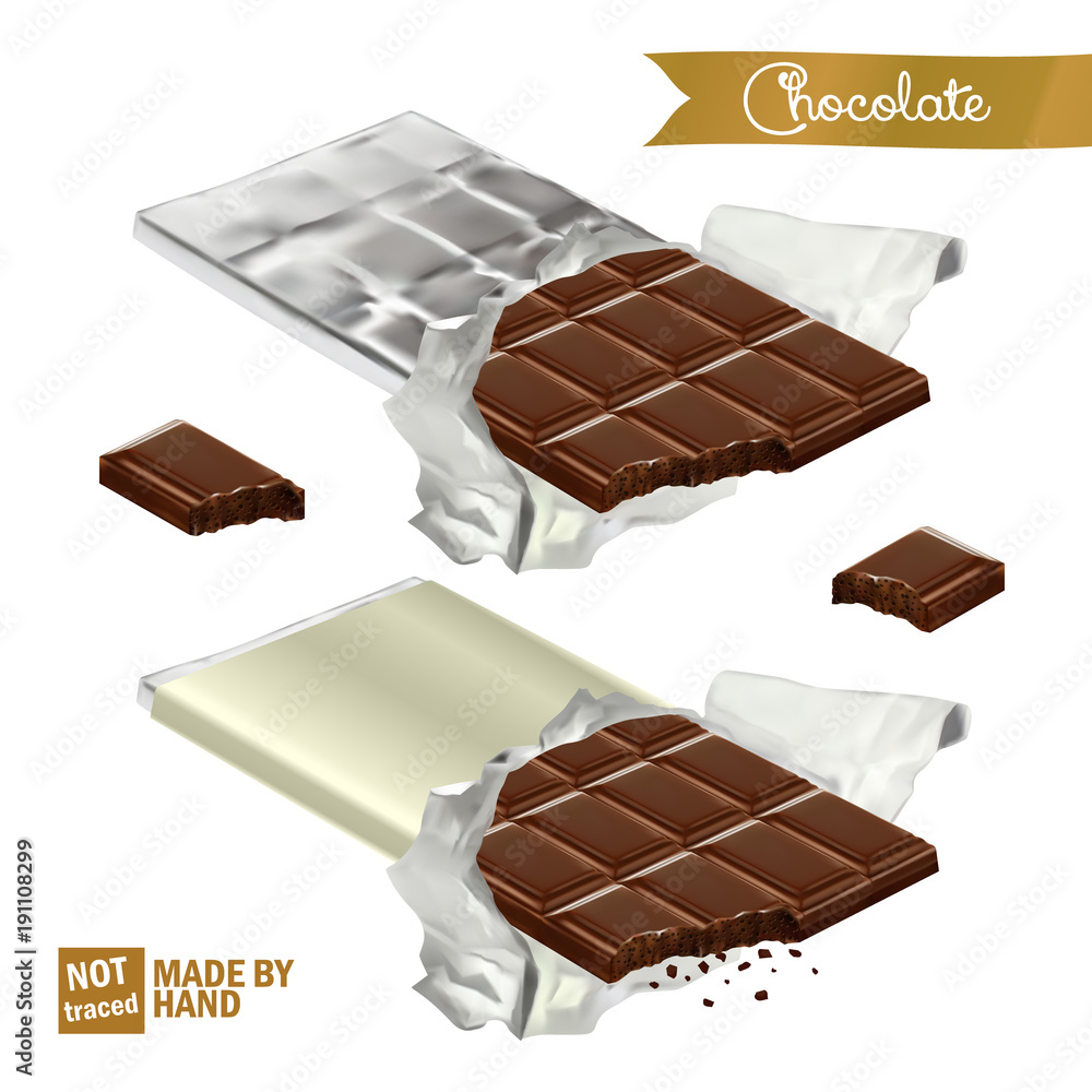 Realistic chocolate bar with bite wrapped in foil and the plastic cover. Bitten chocolate pieces.