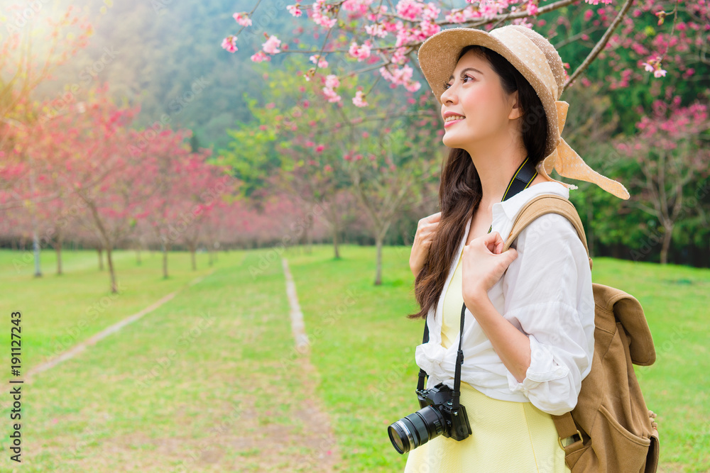 female blogger standing in cherry blooming garden