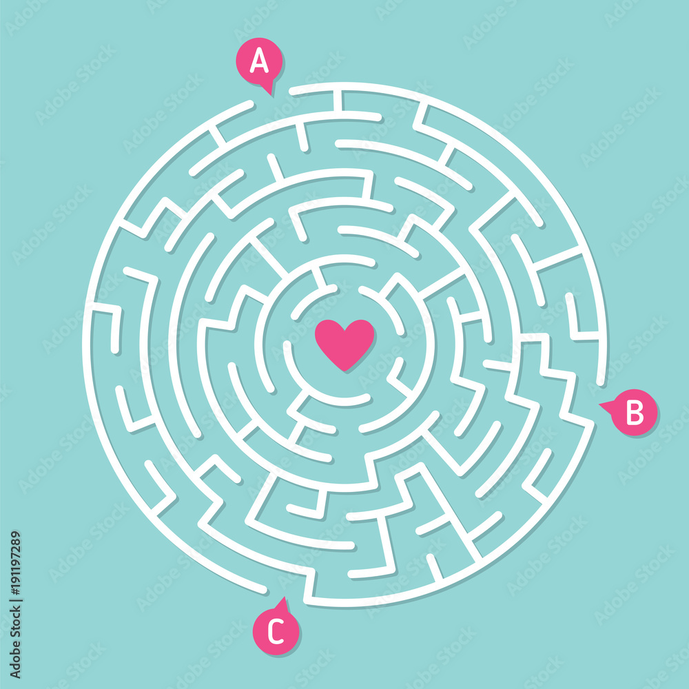 Round labyrinth maze game, find your path to heart. Concept of love