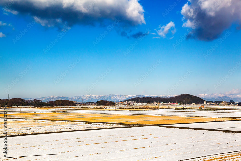 雪に覆われた畑と山脈