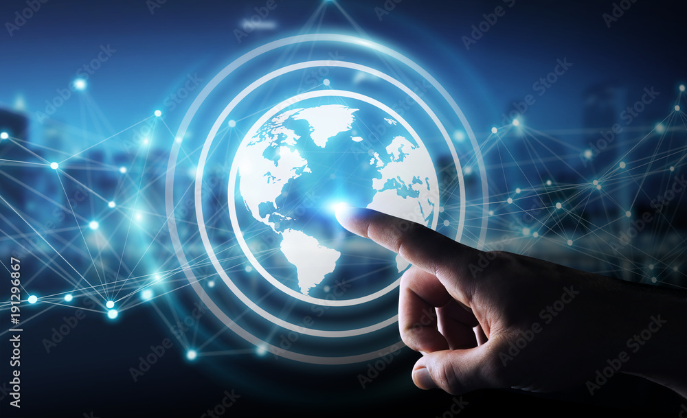 Businessman using planet earth network sphere 3D rendering