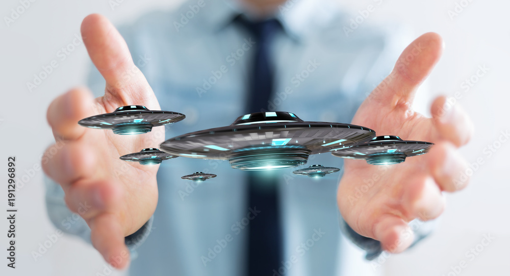 Businessman with retro UFO spaceship 3D rendering