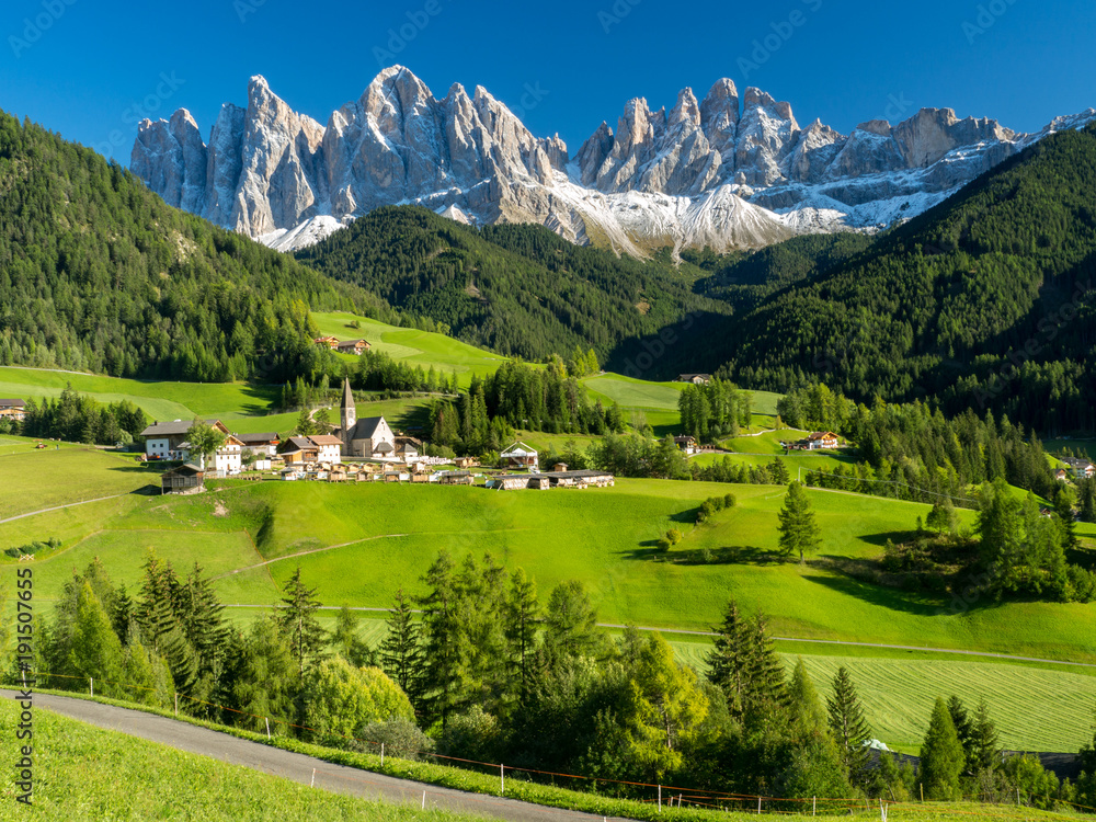 Val di Funes valley, Santa Maddalena touristic village, Dolomites, Italy, Europe. September, 2017. G