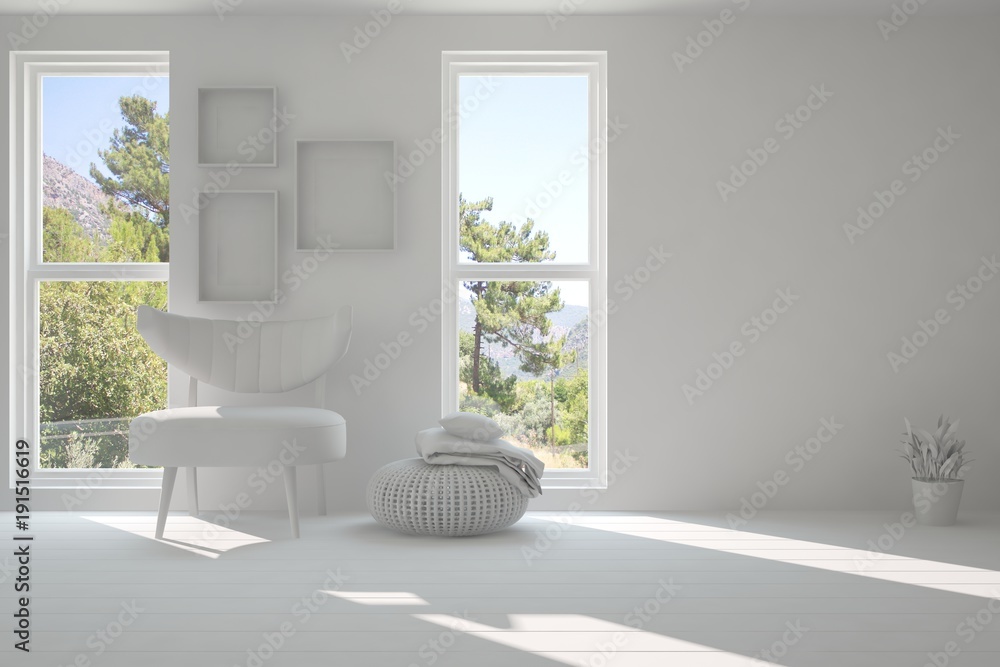 Idea of white room with armchair and summer landscape in window. Scandinavian interior design. 3D il