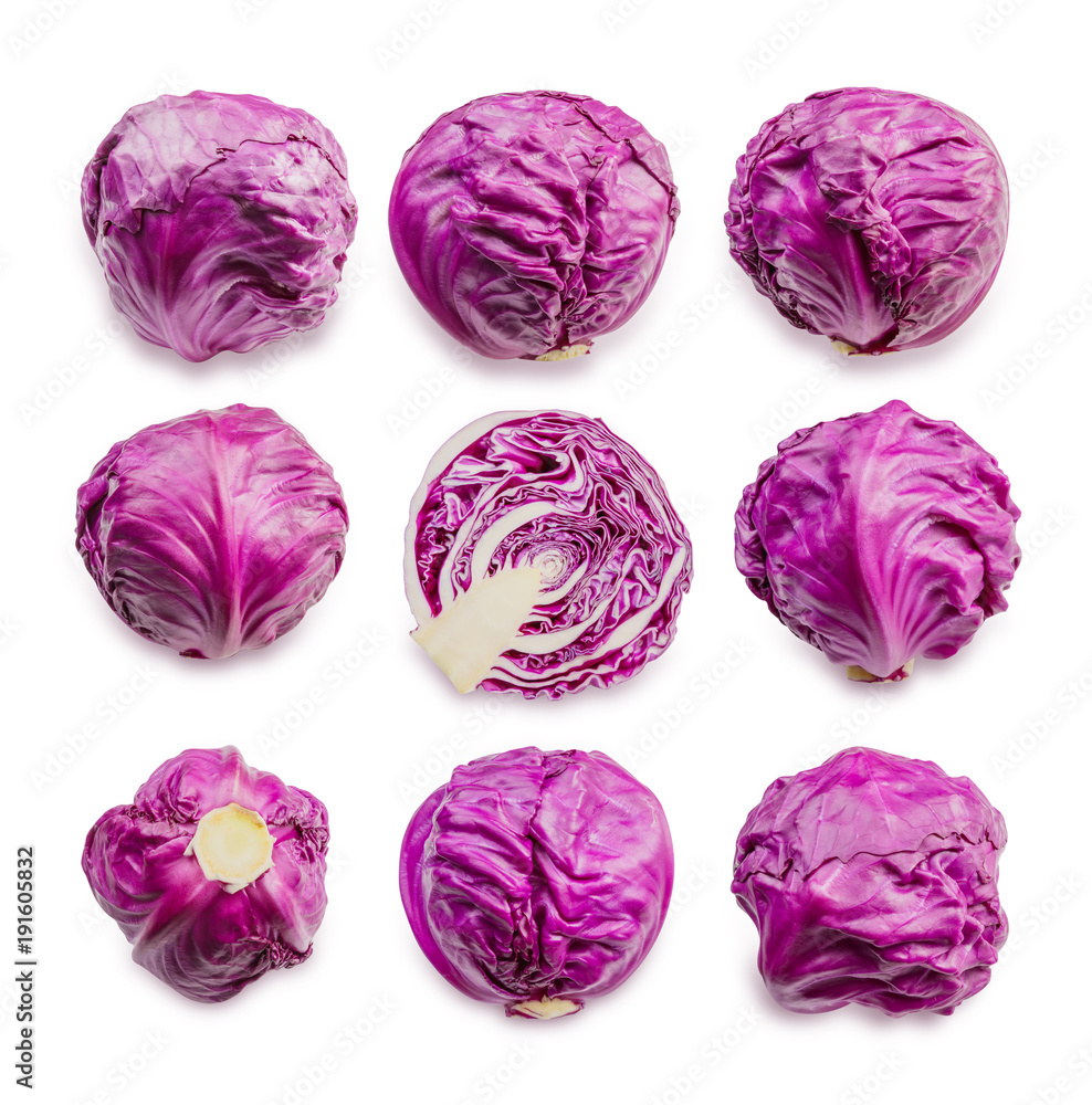 Collection of red cabbage isolated on white background, File contains a clipping path.