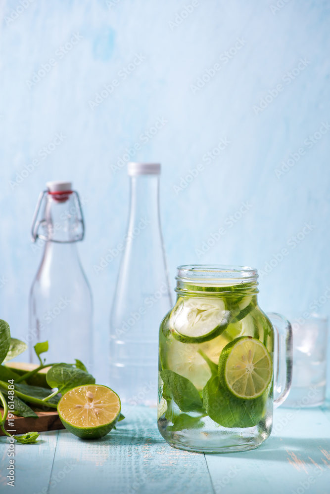 Detox water with vegetables and fruits. Diet healthy eating and weight loss.