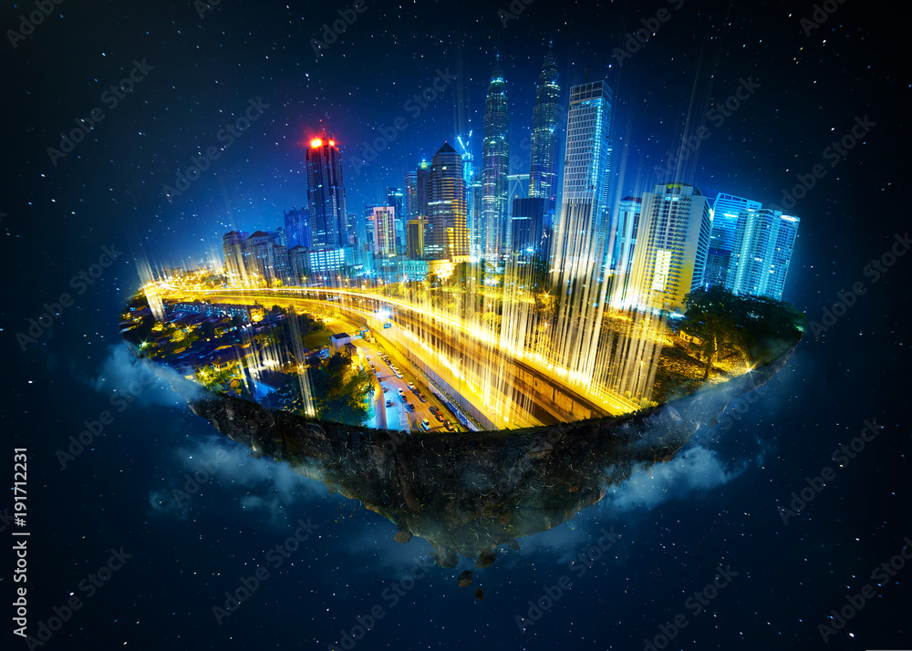 Fantasy island floating in the air with modern city skyline and network light came out from the grou