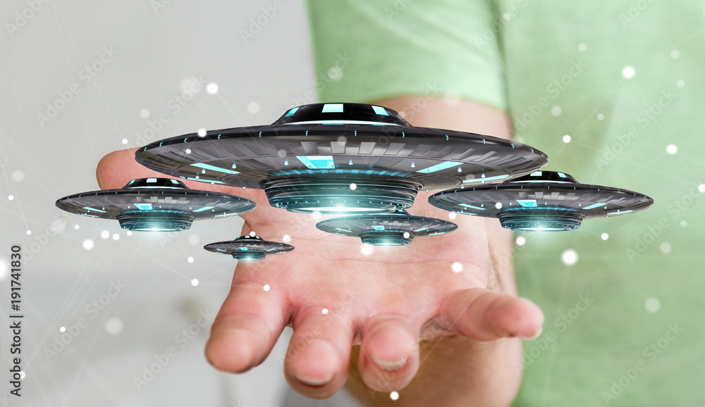 Businessman with retro UFO spaceship 3D rendering