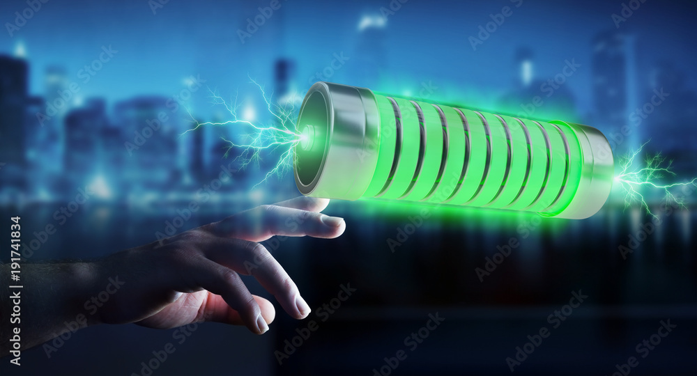 Businessman using green battery with lightnings 3D rendering