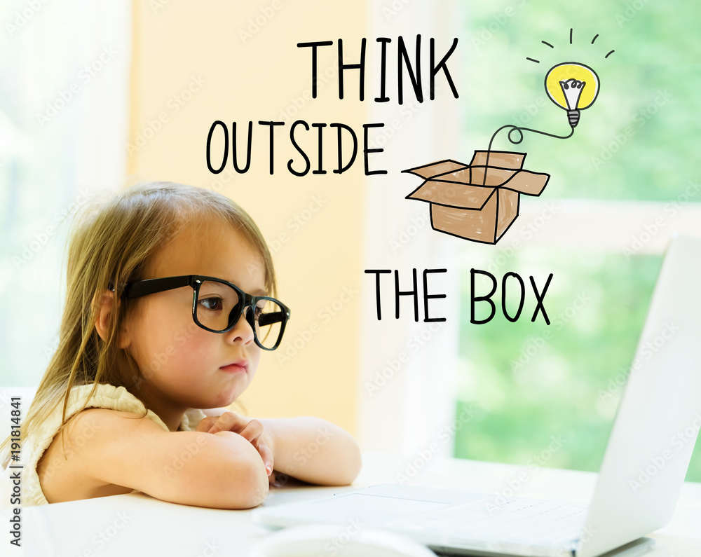 Think Outside The Box text with little girl using her laptop