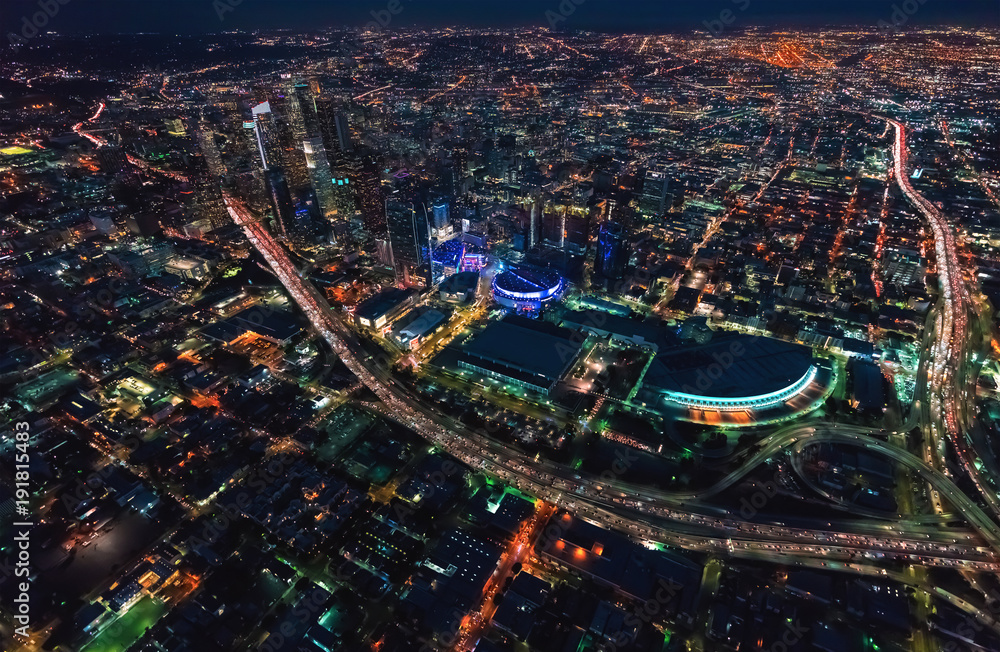 Aerial view of Downtown Los Angeles at twilight