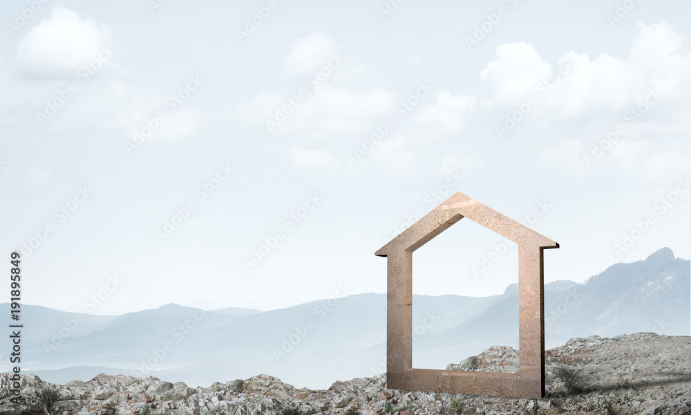 Conceptual image of concrete home sign on hill and natural landscape at background