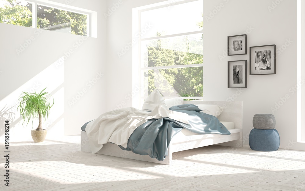 Inspiration of white minimalist  bedroom with summer landscape in window. Scandinavian interior desi