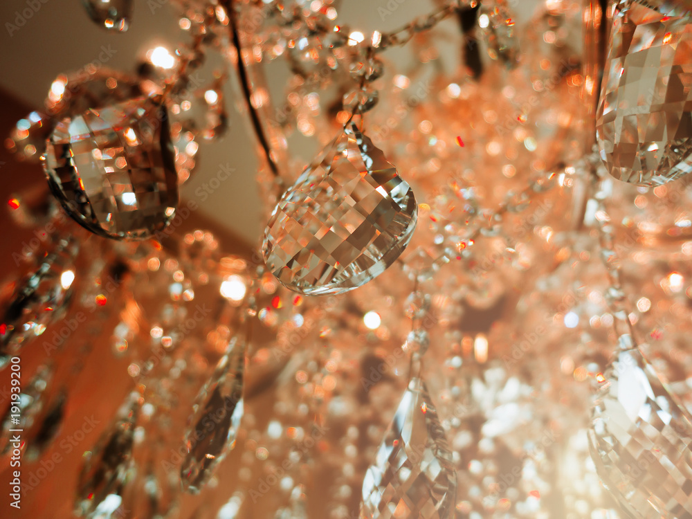 Crystal chandelier close-up. Glamour background with copy space