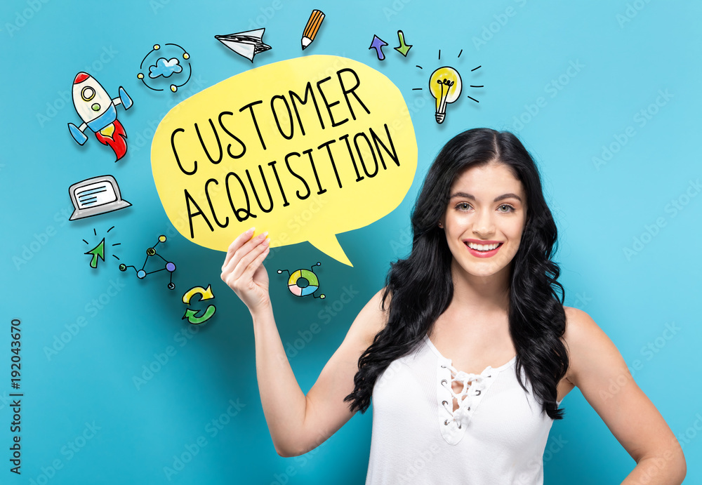 Customer Acquisition with young woman holding a speech bubble