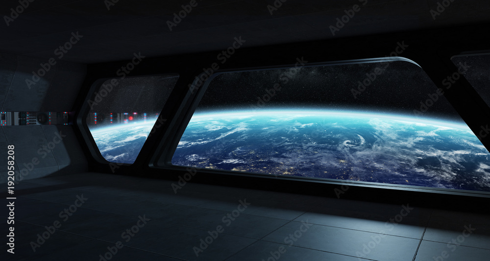 Spaceship futuristic interior with view on planet Earth