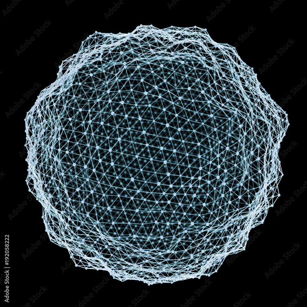 Floating white and blue glowing sphere network 3D rendering