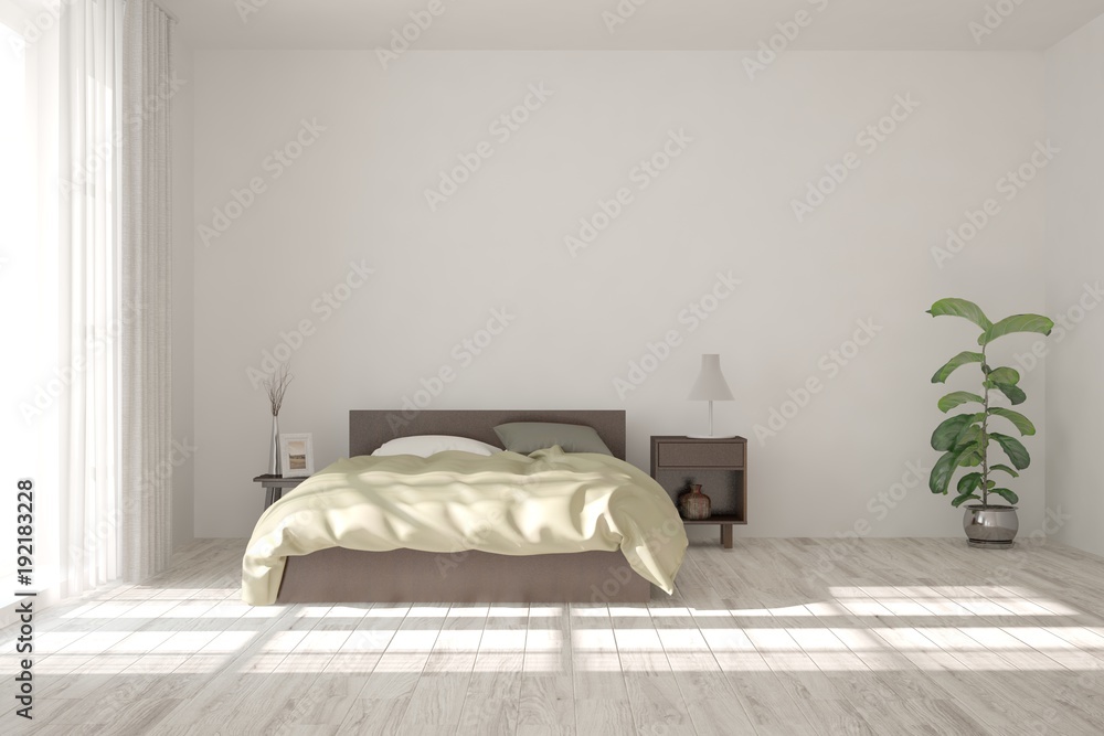 Idea of white minimalist bedroom. Scandinavian interior design. 3D illustration