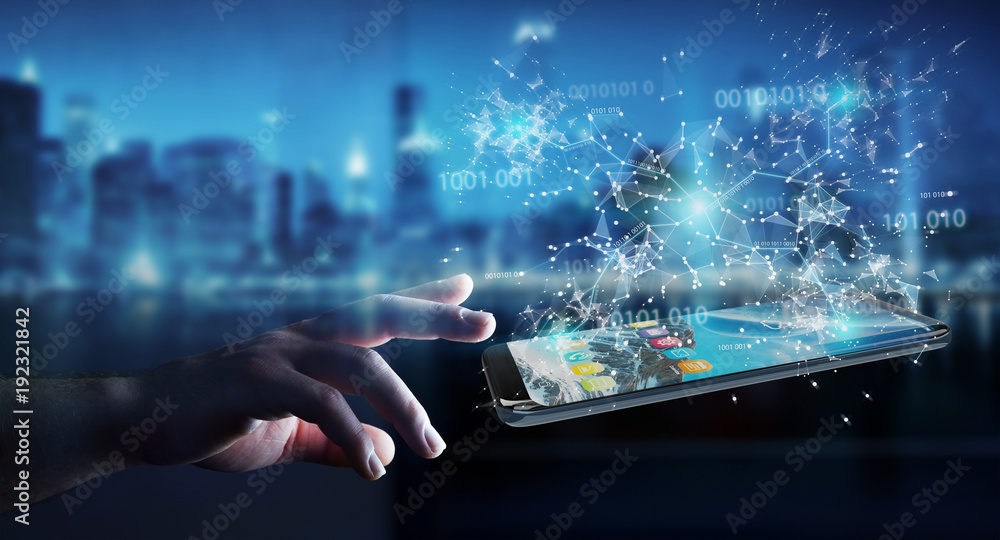 Businessman using digital binary code on mobile phone 3D rendering