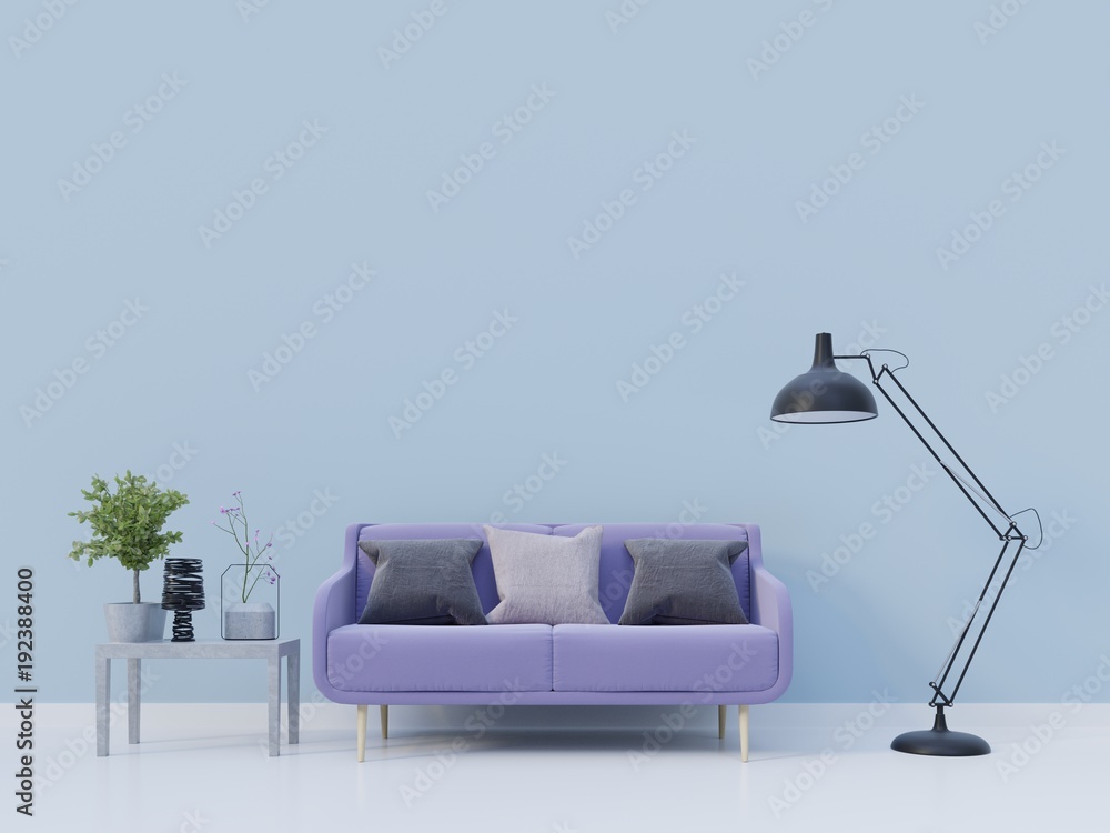 Living room interior with violet sofa and blue wall ,Ultraviolet design concept ,3D rendering