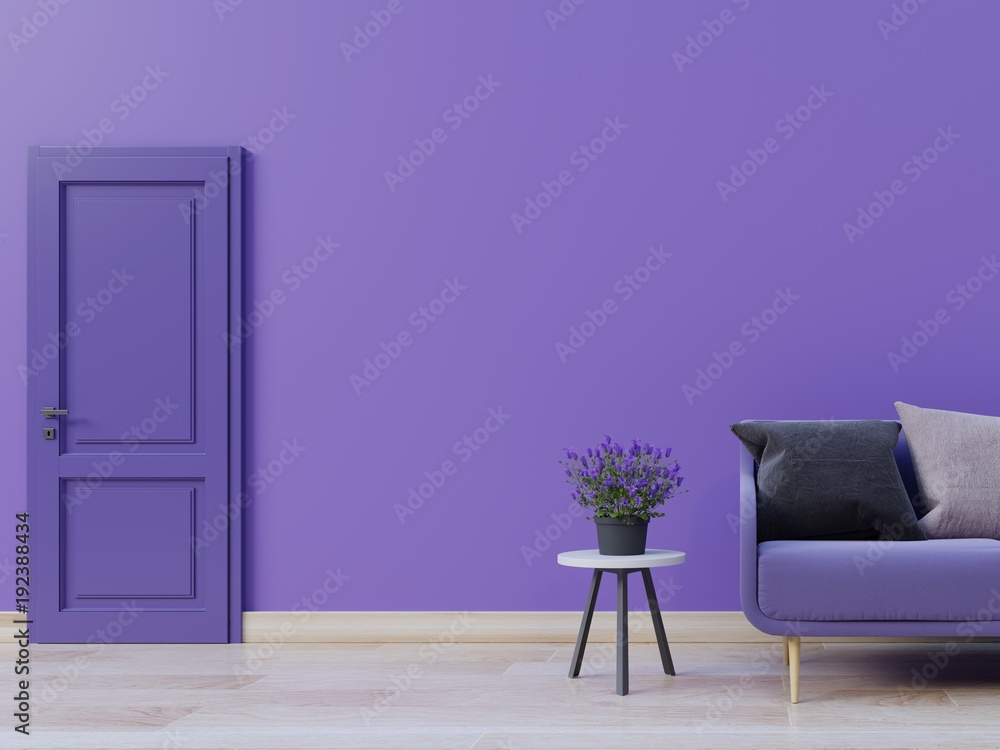 Modern interior in light colors have purple wall and sofa concept, 3D rendering