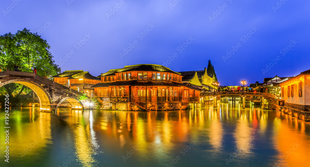 Wuzhens beautiful rivers and ancient architectural night scenes