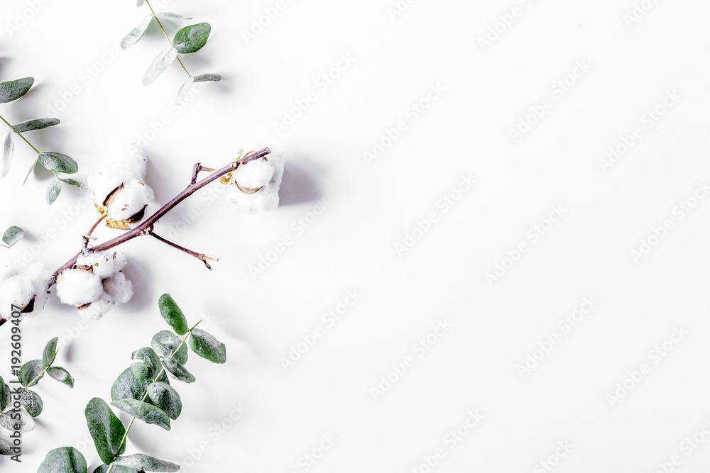 Floral pattern with green leaves on white background top view mo