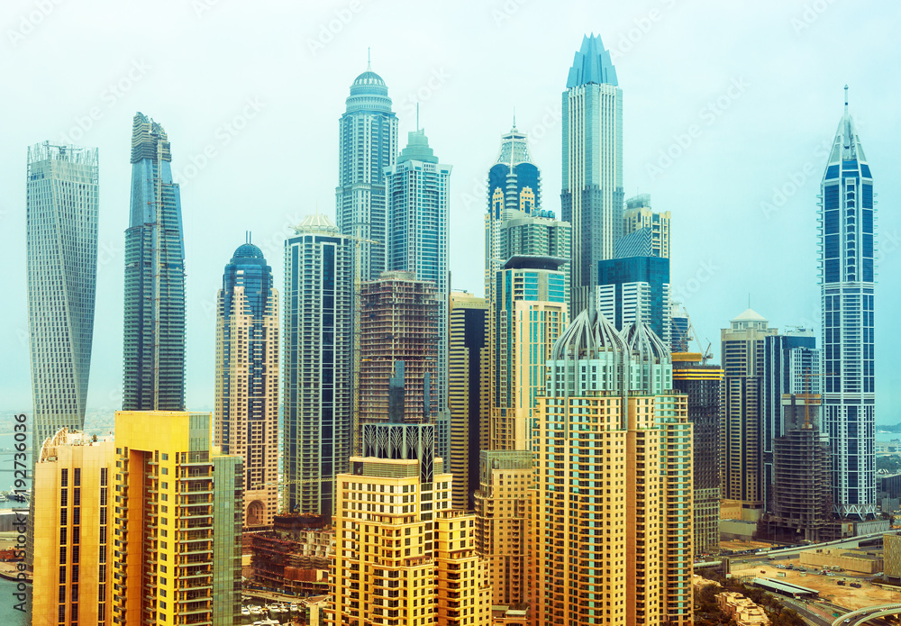 Amazing rooftop view on Dubai Marina skyscrapers, Dubai, United Arab Emirates