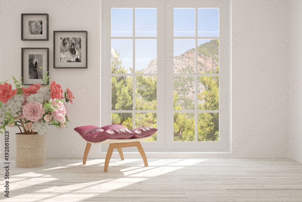 Idea of white room with armchair and summer landscape in window. Scandinavian interior design. 3D il