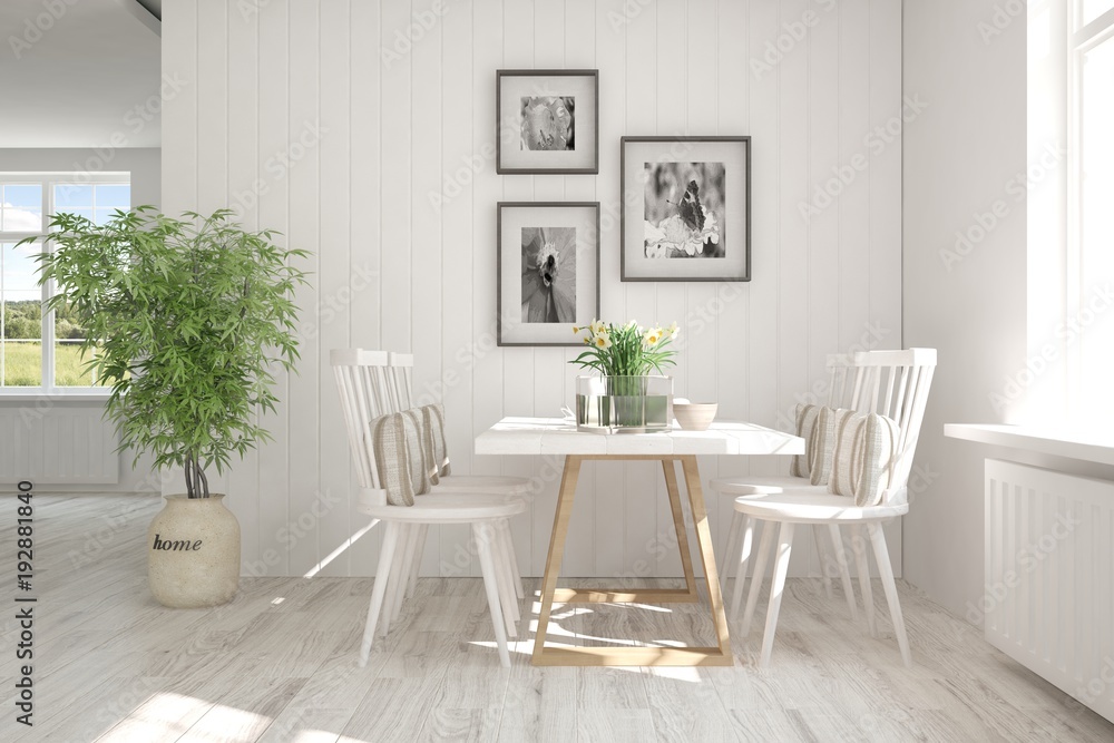 White modern dinner room. Scandinavian interior design. 3D illustration