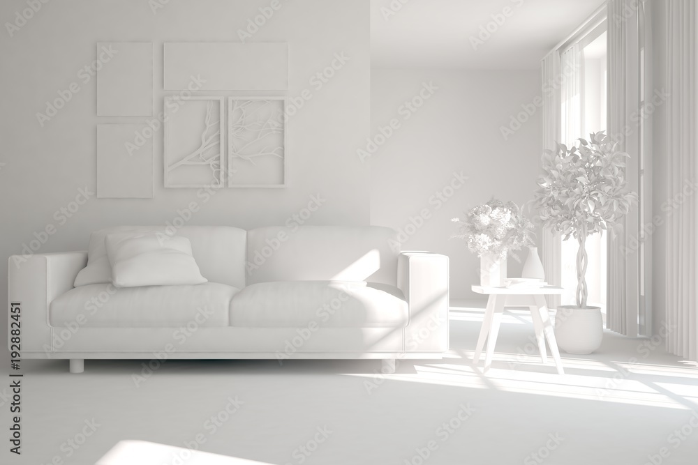 White room with sofa. Scandinavian interior design. 3D illustration