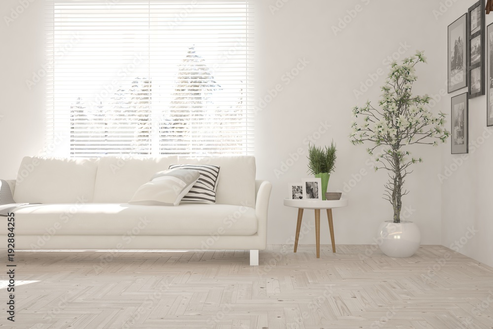 Idea of white minimalist room with sofa. Scandinavian interior design. 3D illustration