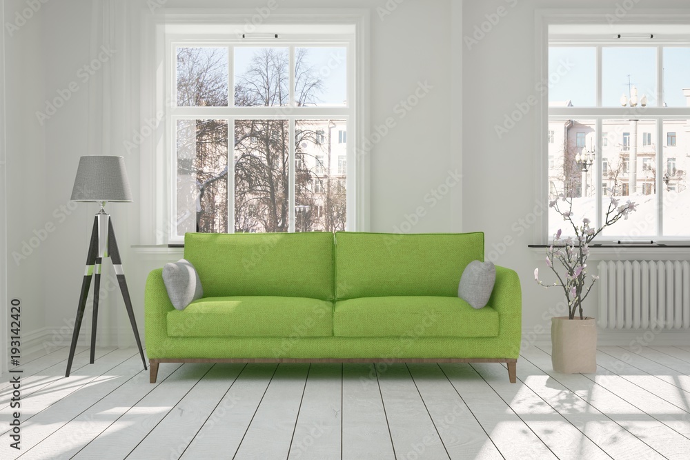 Idea of white minimalist room with sofa. Scandinavian interior design. 3D illustration