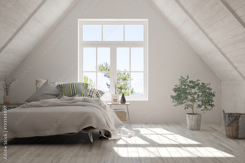 Idea of white minimalist bedroom. Scandinavian interior design. 3D illustration