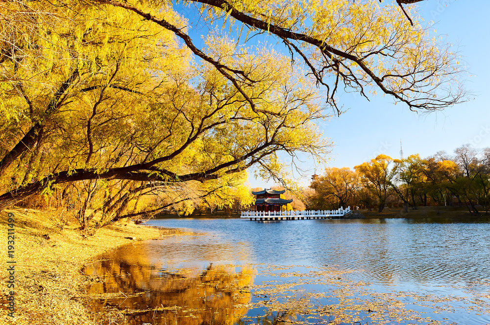 The fall trees and ancient buildings lakeside.