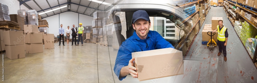 Composite image of delivery driver offering parcel from his van