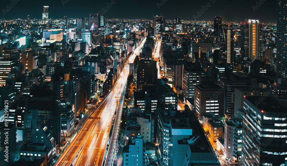 Aerial view of a massive highway in Osaka, Japan