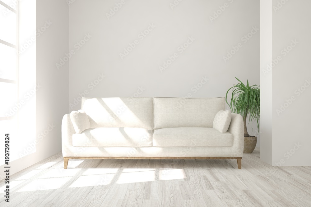 Idea of white minimalist room with sofa. Scandinavian interior design. 3D illustration