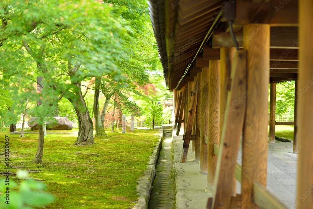 屋根付き廊下と庭園