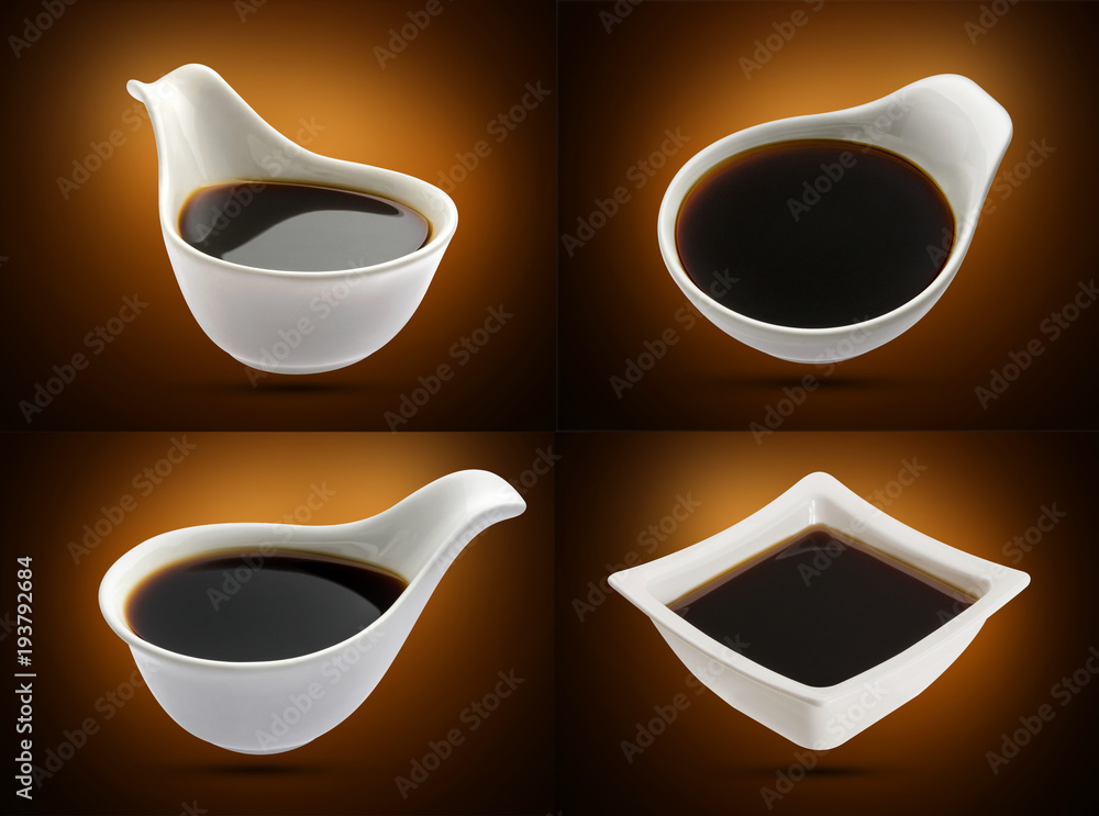 Soy sauce in white bowl