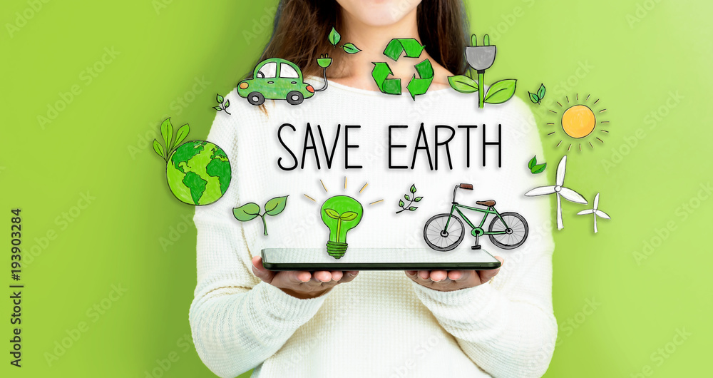 Save Earth with woman holding a tablet computer