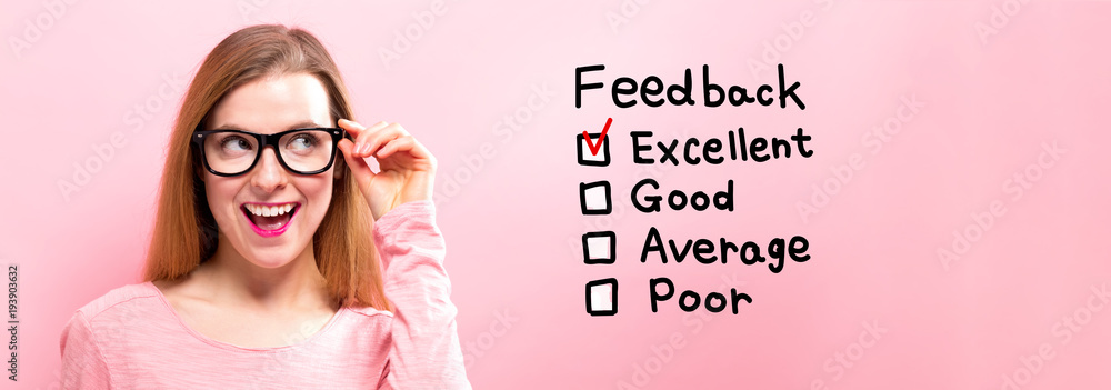 Feedback with happy young woman holding her glasses