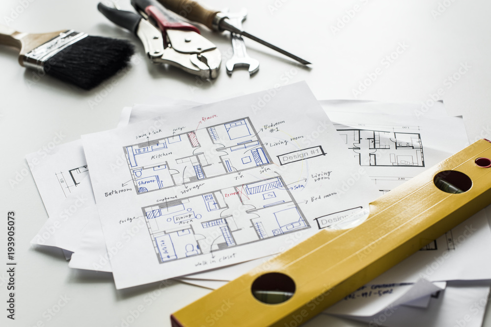 Flat lay of house blueprint isolated on white background