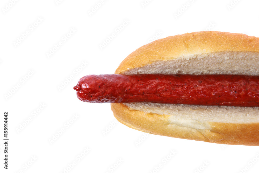 Footlong hot dog in bun with copyspace