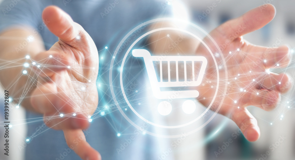 Businessman using digital shopping icons with connections 3D rendering