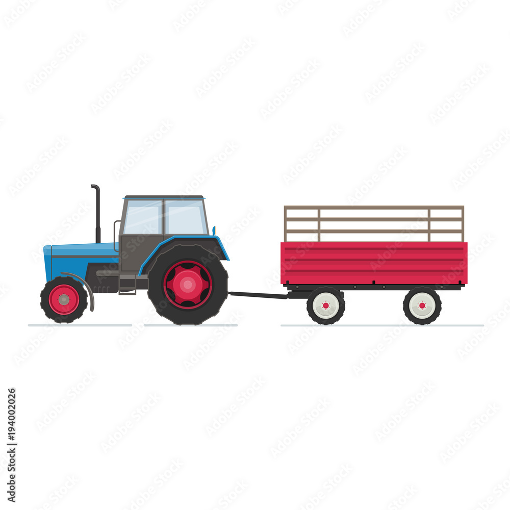 Farm tractor with red trailer